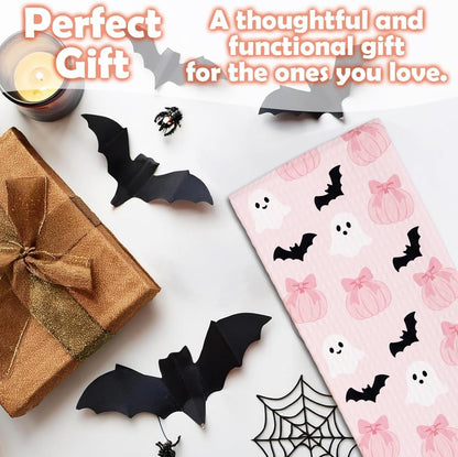 Halloween Kitchen Towel, 16 x 24 Inches Pink Ghost Bat Dish Towel, Absorbent Decorative Hand Towels for Kitchen, Bathroom, Holiday Home Decor, for Family & Friends - C01