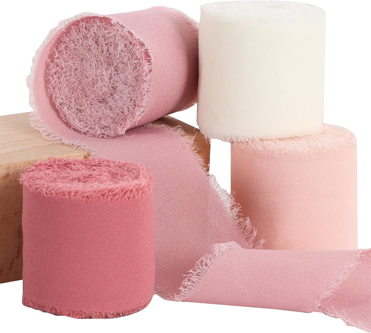 4 Rolls Silk Chiffon Ribbon, 1-1/2 Inch x 22yds Dusty Pink and Cream Chiffon Ribbons Set, Handmade Fringe Valentine Ribbon for Gift Wrapping Bridal Bouquets Wedding Valentine Day Decoration