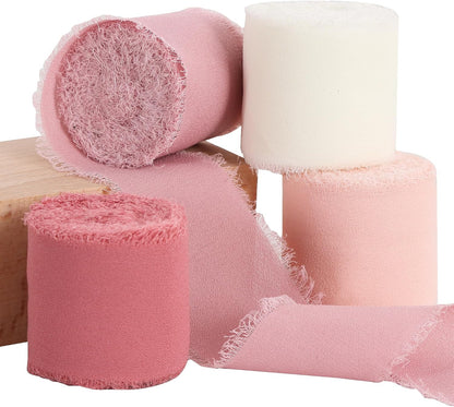 4 Rolls Silk Chiffon Ribbon, 1-1/2 Inch x 22yds Dusty Pink and Cream Chiffon Ribbons Set, Handmade Fringe Valentine Ribbon for Gift Wrapping Bridal Bouquets Wedding Valentine Day Decoration