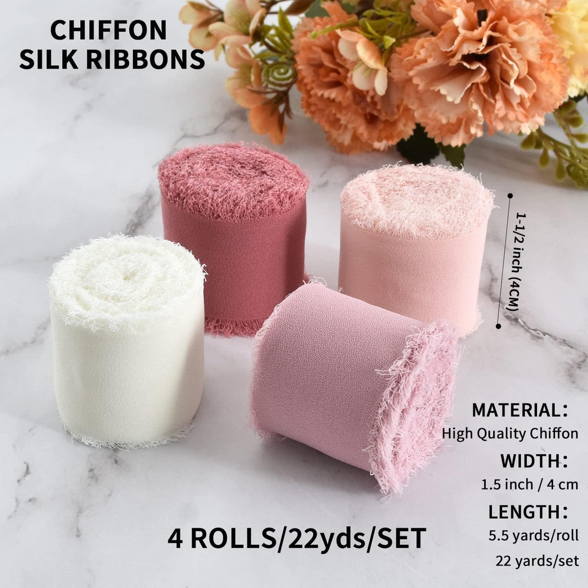 4 Rolls Silk Chiffon Ribbon, 1-1/2 Inch x 22yds Dusty Pink and Cream Chiffon Ribbons Set, Handmade Fringe Valentine Ribbon for Gift Wrapping Bridal Bouquets Wedding Valentine Day Decoration
