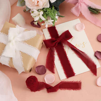 4 Rolls Silk Chiffon Ribbon, 1-1/2 Inch x 22yds Dusty Pink and Cream Chiffon Ribbons Set, Handmade Fringe Valentine Ribbon for Gift Wrapping Bridal Bouquets Wedding Valentine Day Decoration