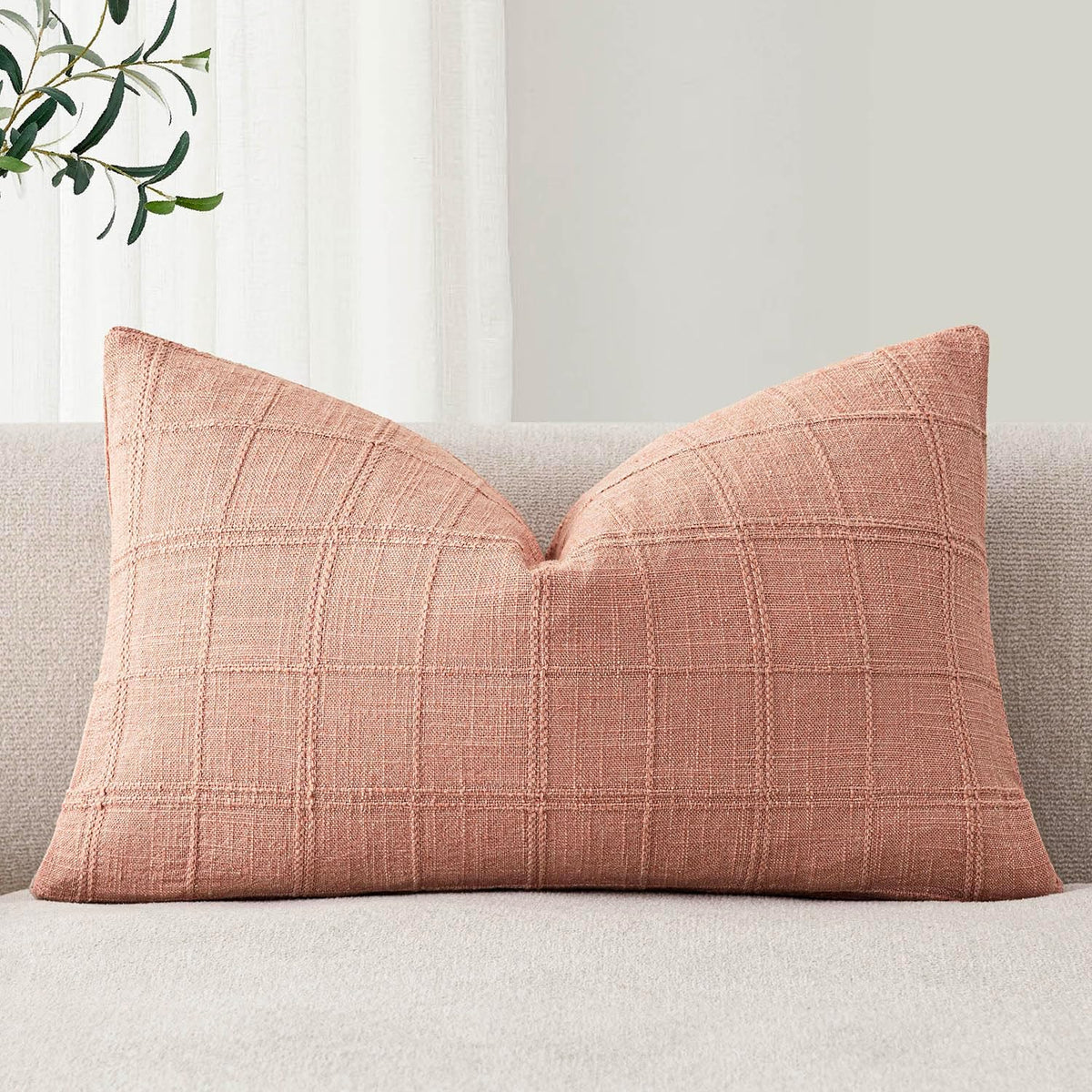 Set of 1 Decorative Linen Check Throw Pillow Cover Neutral Farmhouse Lumbar Cushion Cover Modern Boho Accent Home Decor for Sofa Chair Couch Bedroom Living Room,12×20 Inch,Coral Pink