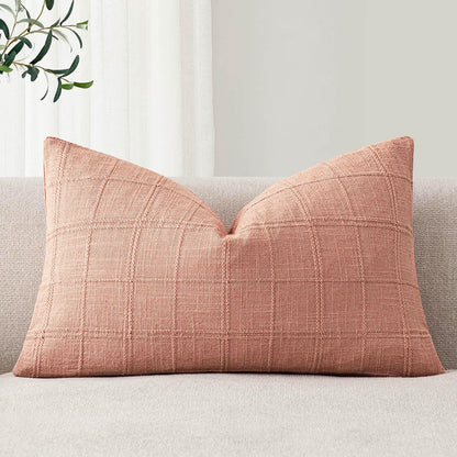 Set of 1 Decorative Linen Check Throw Pillow Cover Neutral Farmhouse Lumbar Cushion Cover Modern Boho Accent Home Decor for Sofa Chair Couch Bedroom Living Room,12×20 Inch,Coral Pink