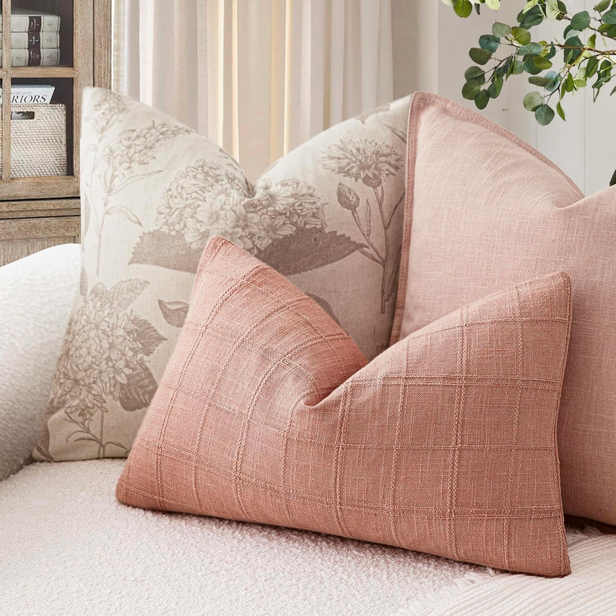 Set of 1 Decorative Linen Check Throw Pillow Cover Neutral Farmhouse Lumbar Cushion Cover Modern Boho Accent Home Decor for Sofa Chair Couch Bedroom Living Room,12×20 Inch,Coral Pink