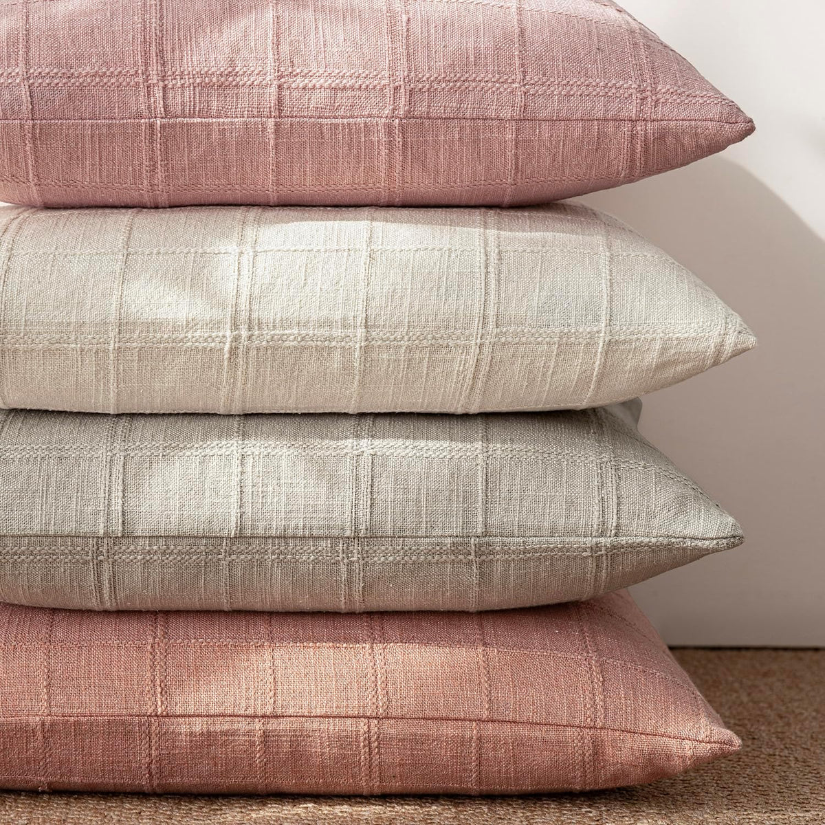 Set of 1 Decorative Linen Check Throw Pillow Cover Neutral Farmhouse Lumbar Cushion Cover Modern Boho Accent Home Decor for Sofa Chair Couch Bedroom Living Room,12×20 Inch,Coral Pink