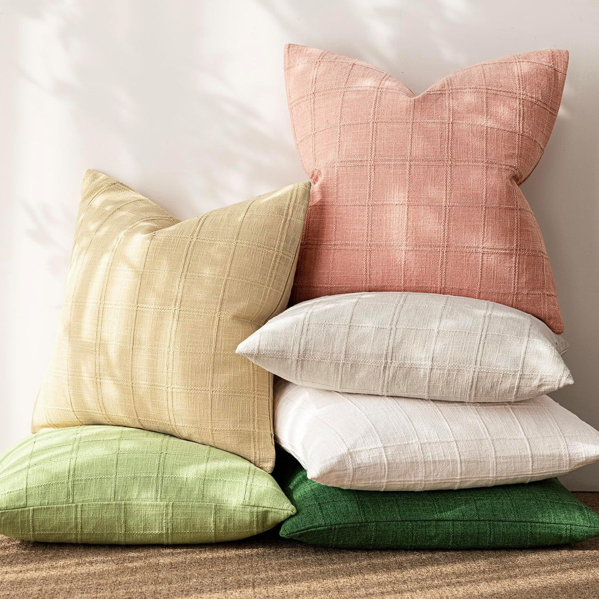 Set of 1 Decorative Linen Check Throw Pillow Cover Neutral Farmhouse Lumbar Cushion Cover Modern Boho Accent Home Decor for Sofa Chair Couch Bedroom Living Room,12×20 Inch,Coral Pink