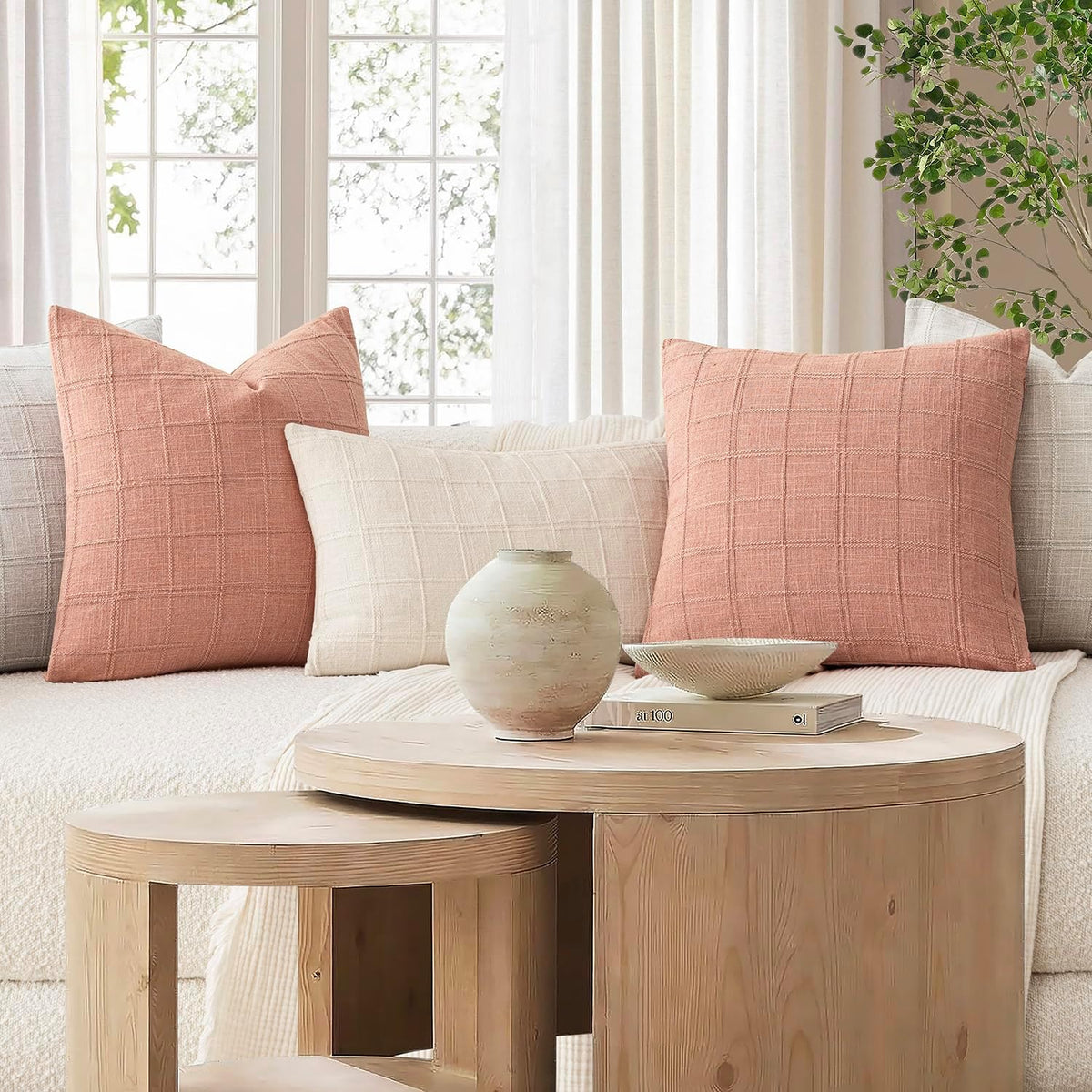 Set of 1 Decorative Linen Check Throw Pillow Cover Neutral Farmhouse Lumbar Cushion Cover Modern Boho Accent Home Decor for Sofa Chair Couch Bedroom Living Room,12×20 Inch,Coral Pink