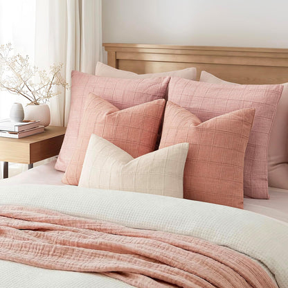 Set of 1 Decorative Linen Check Throw Pillow Cover Neutral Farmhouse Lumbar Cushion Cover Modern Boho Accent Home Decor for Sofa Chair Couch Bedroom Living Room,12×20 Inch,Coral Pink