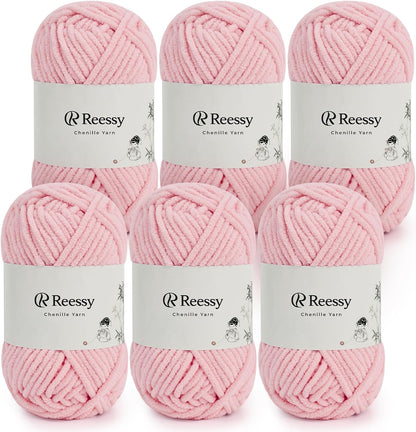 Chenille Yarn for Crocheting, 6 Pack Soft Polyester Yarn, 50g Skeins, Medium Worsted Weight Chenille, 3.5mm Plush Yarn for Crafting Plush Toys, Blankets, Scarves(Blossom Pink)