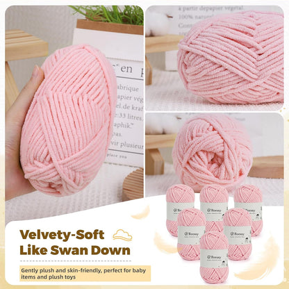 Chenille Yarn for Crocheting, 6 Pack Soft Polyester Yarn, 50g Skeins, Medium Worsted Weight Chenille, 3.5mm Plush Yarn for Crafting Plush Toys, Blankets, Scarves(Blossom Pink)