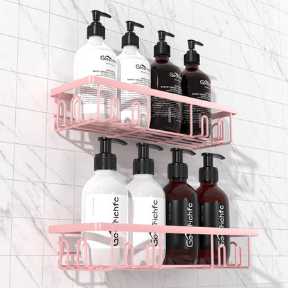 Getsrichfc Shower Caddy Adhesive, Rustproof Shower Shelves for Inside Shower, Large Capacity Bathroom Organizers and Storage, Shower Storage with Removable Hooks, No Drill Bathroom Accessories Pink