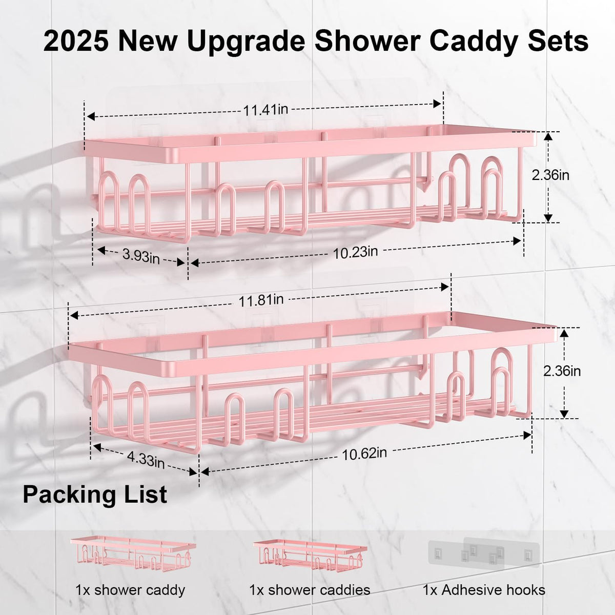 Getsrichfc Shower Caddy Adhesive, Rustproof Shower Shelves for Inside Shower, Large Capacity Bathroom Organizers and Storage, Shower Storage with Removable Hooks, No Drill Bathroom Accessories Pink