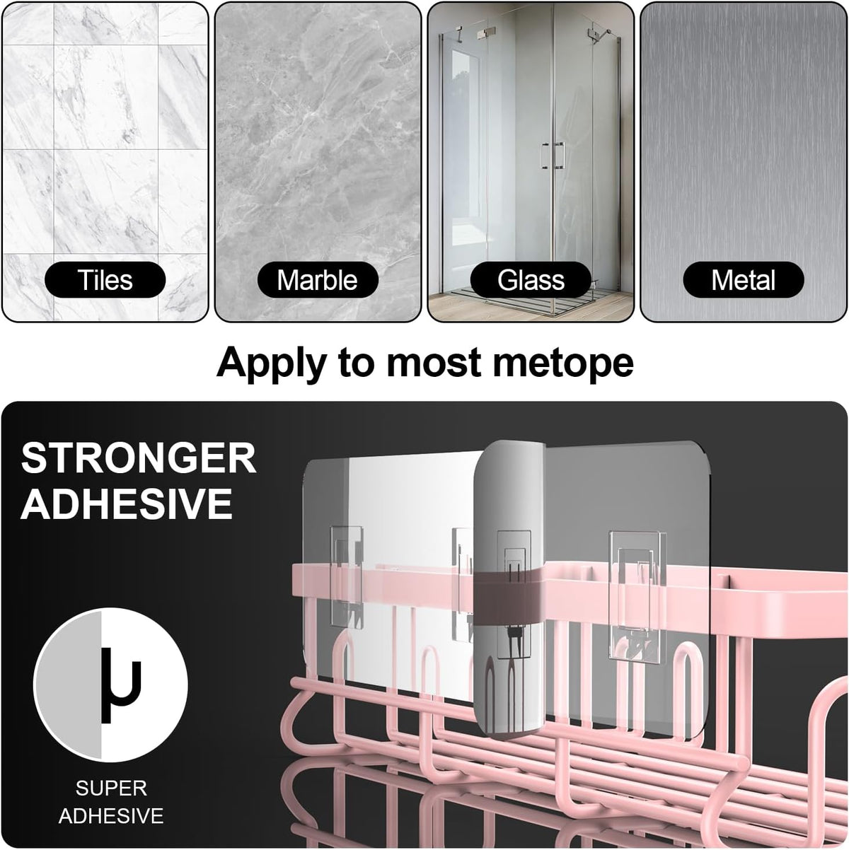 Getsrichfc Shower Caddy Adhesive, Rustproof Shower Shelves for Inside Shower, Large Capacity Bathroom Organizers and Storage, Shower Storage with Removable Hooks, No Drill Bathroom Accessories Pink