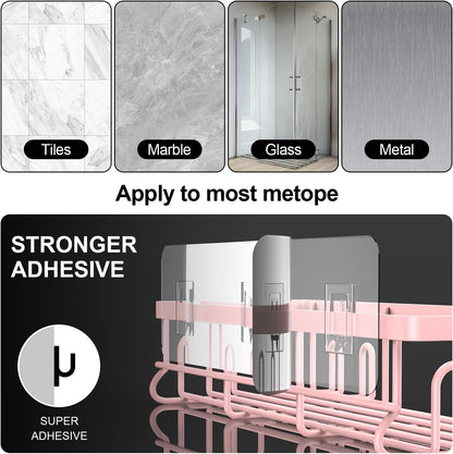 Getsrichfc Shower Caddy Adhesive, Rustproof Shower Shelves for Inside Shower, Large Capacity Bathroom Organizers and Storage, Shower Storage with Removable Hooks, No Drill Bathroom Accessories Pink