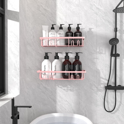 Getsrichfc Shower Caddy Adhesive, Rustproof Shower Shelves for Inside Shower, Large Capacity Bathroom Organizers and Storage, Shower Storage with Removable Hooks, No Drill Bathroom Accessories Pink