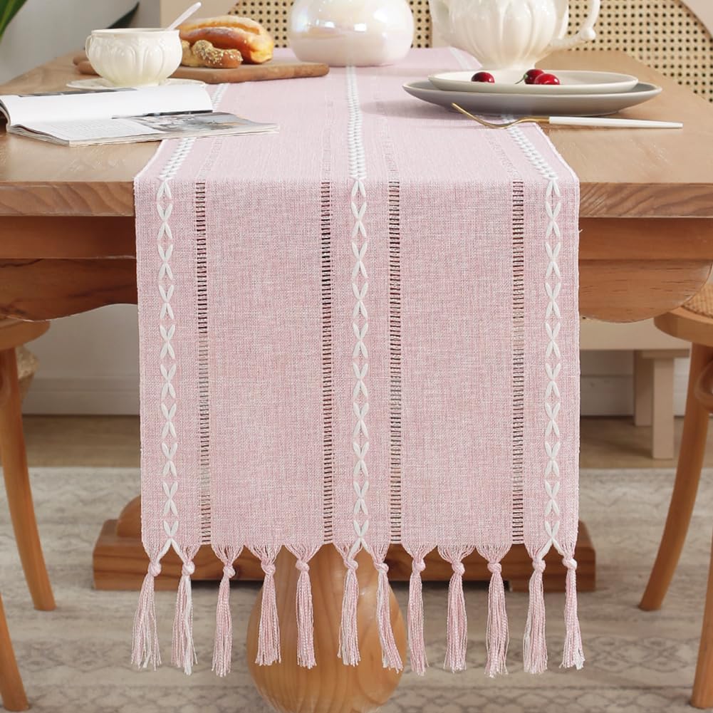 Rustic Table Runner with Tassels, Farmhouse Boho Table Runners Braided Striped, Cotton Linen Table Decoration for Dining Party Holiday and Wedding, 72 Inches, Pink