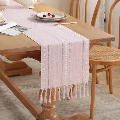 Rustic Table Runner with Tassels, Farmhouse Boho Table Runners Braided Striped, Cotton Linen Table Decoration for Dining Party Holiday and Wedding, 72 Inches, Pink