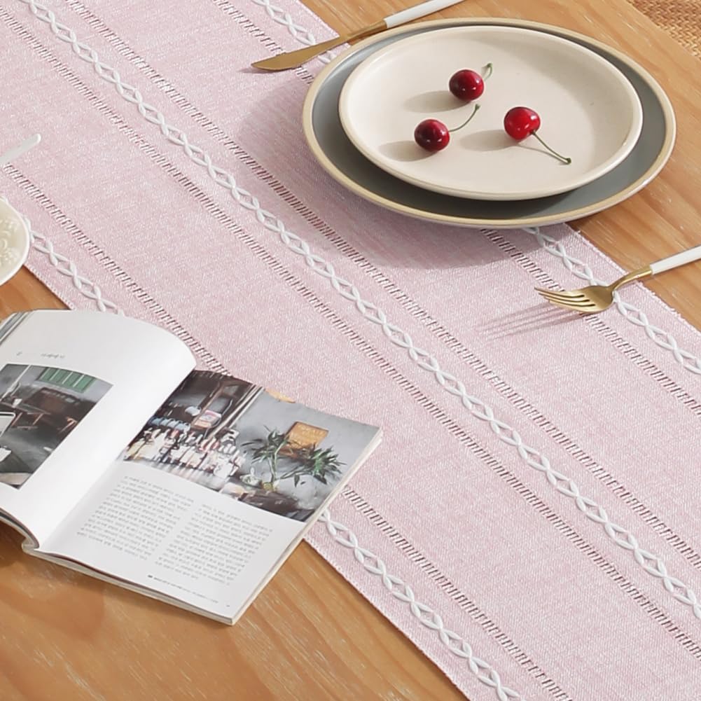 Rustic Table Runner with Tassels, Farmhouse Boho Table Runners Braided Striped, Cotton Linen Table Decoration for Dining Party Holiday and Wedding, 72 Inches, Pink