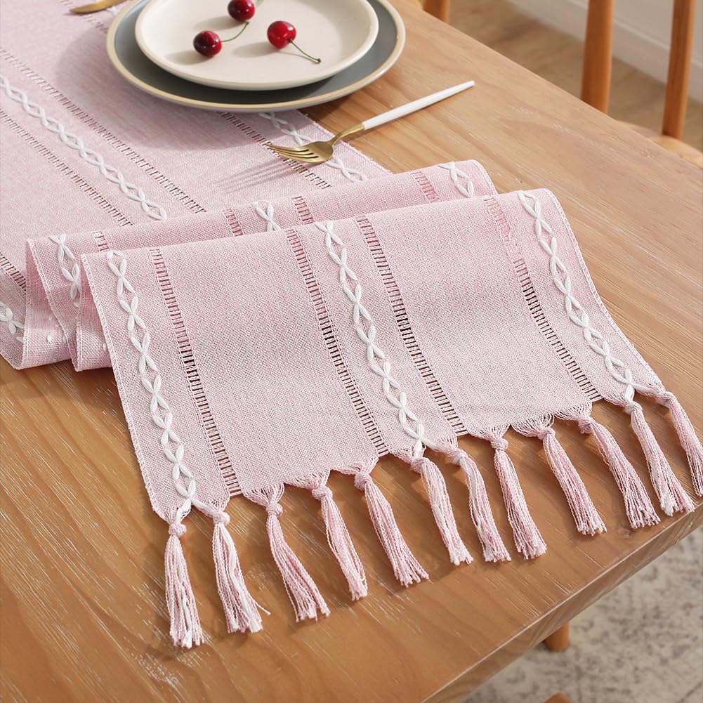 Rustic Table Runner with Tassels, Farmhouse Boho Table Runners Braided Striped, Cotton Linen Table Decoration for Dining Party Holiday and Wedding, 72 Inches, Pink