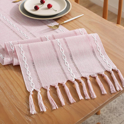 Rustic Table Runner with Tassels, Farmhouse Boho Table Runners Braided Striped, Cotton Linen Table Decoration for Dining Party Holiday and Wedding, 72 Inches, Pink