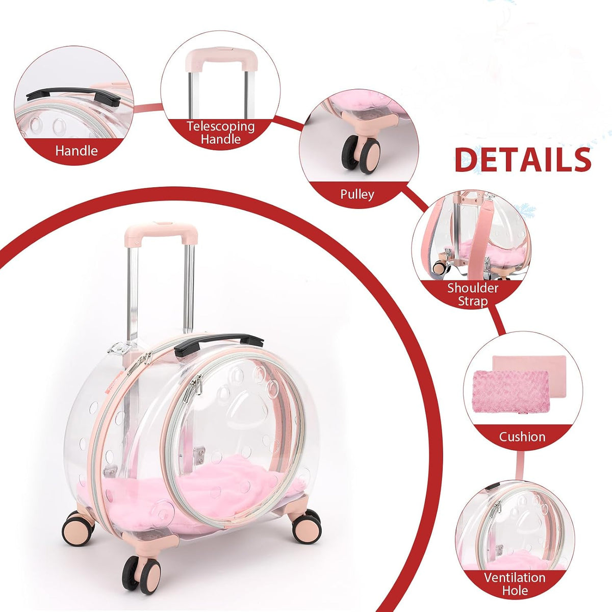 Transparent & Fully Breathable Hard cat Carrier with Rolling Wheels