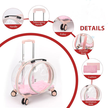 Transparent & Fully Breathable Hard cat Carrier with Rolling Wheels
