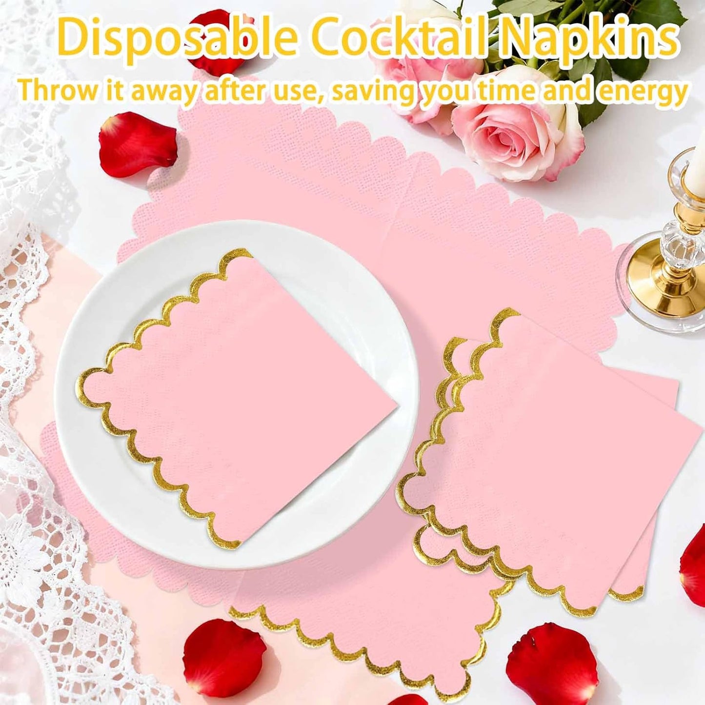 50 Pieces Light Pink Scalloped Napkins with Gold Foil 2-Ply Pink and Gold Disposable Cocktail Napkins Paper for Dinner Wedding Baby Shower Birthday Party Dessert Beverage Napkin