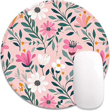 Round Mouse Pad, Cute Small Computer Mouse Mat, Personalized Pattern, Stitched Edge, Non-Slip Rubber, Washable Mousepad Cloth for Wireless Mouse, 8.7 x 8.7 in in, Beautiful Pink Flowers