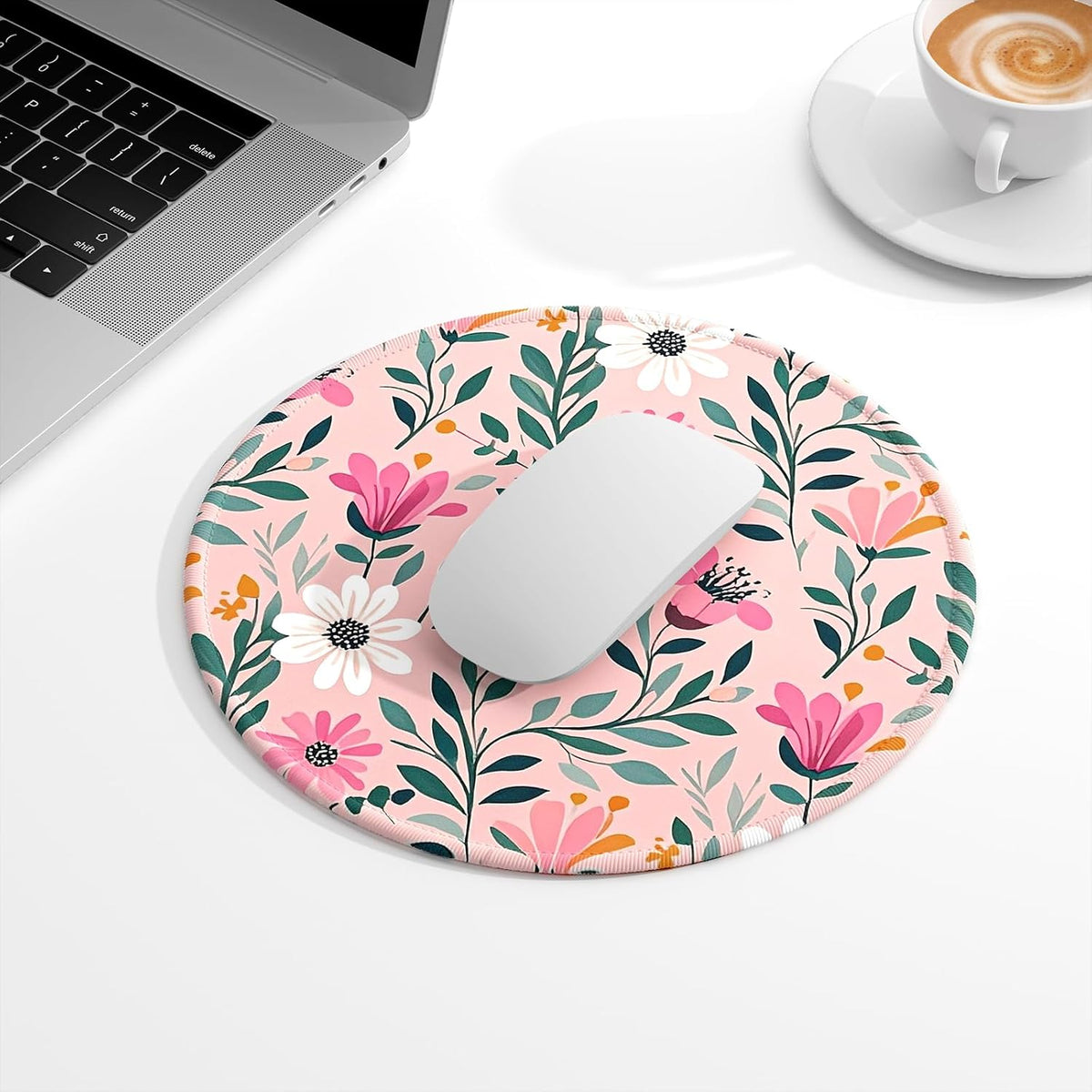 Round Mouse Pad, Cute Small Computer Mouse Mat, Personalized Pattern, Stitched Edge, Non-Slip Rubber, Washable Mousepad Cloth for Wireless Mouse, 8.7 x 8.7 in in, Beautiful Pink Flowers