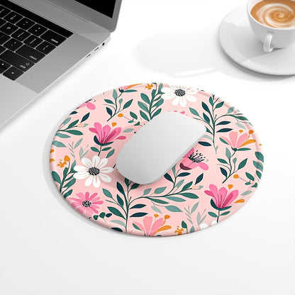 Round Mouse Pad, Cute Small Computer Mouse Mat, Personalized Pattern, Stitched Edge, Non-Slip Rubber, Washable Mousepad Cloth for Wireless Mouse, 8.7 x 8.7 in in, Beautiful Pink Flowers