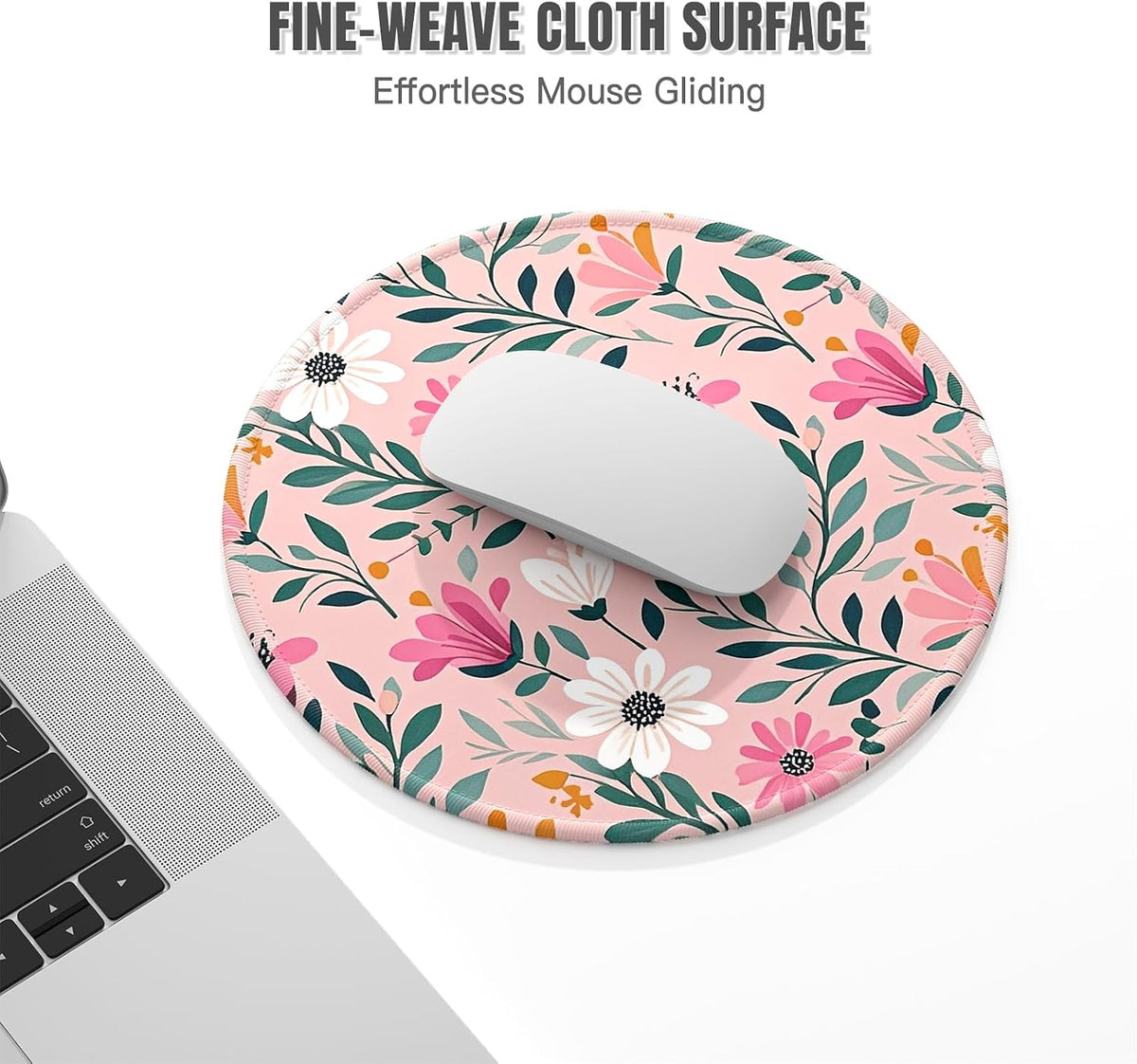 Round Mouse Pad, Cute Small Computer Mouse Mat, Personalized Pattern, Stitched Edge, Non-Slip Rubber, Washable Mousepad Cloth for Wireless Mouse, 8.7 x 8.7 in in, Beautiful Pink Flowers