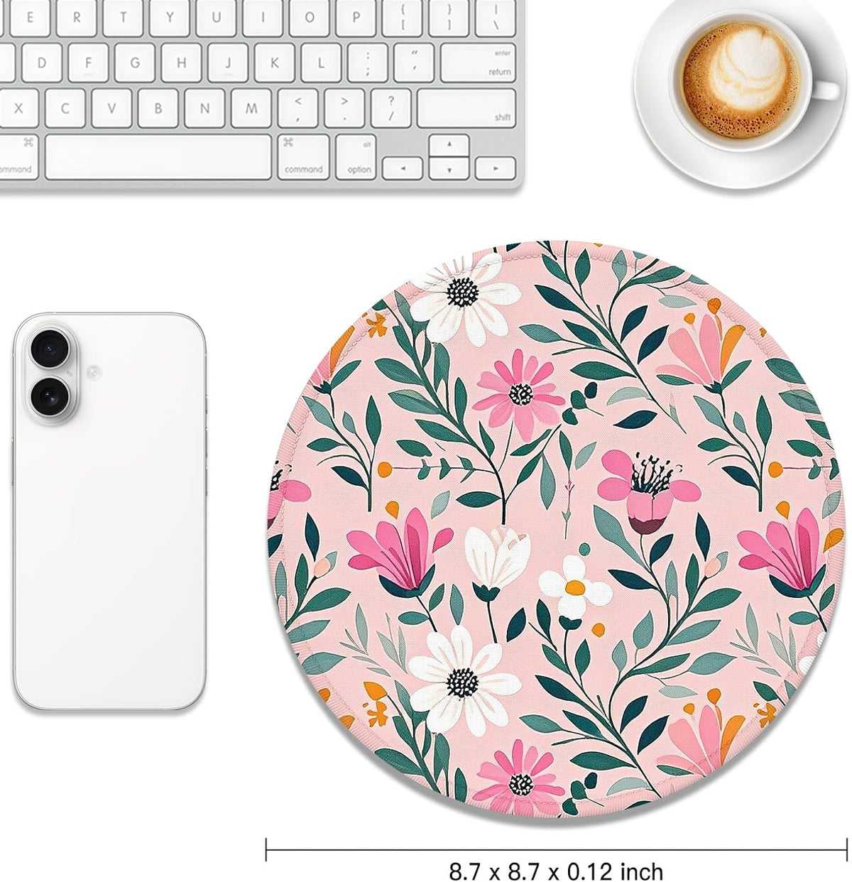 Round Mouse Pad, Cute Small Computer Mouse Mat, Personalized Pattern, Stitched Edge, Non-Slip Rubber, Washable Mousepad Cloth for Wireless Mouse, 8.7 x 8.7 in in, Beautiful Pink Flowers
