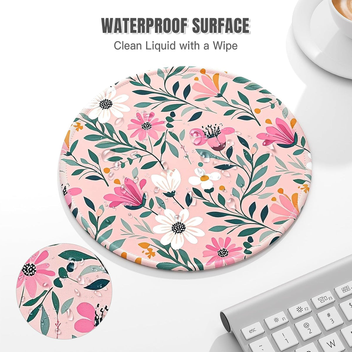 Round Mouse Pad, Cute Small Computer Mouse Mat, Personalized Pattern, Stitched Edge, Non-Slip Rubber, Washable Mousepad Cloth for Wireless Mouse, 8.7 x 8.7 in in, Beautiful Pink Flowers