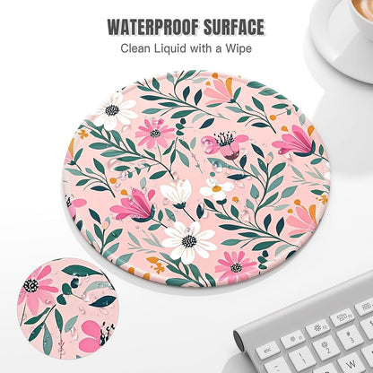 Round Mouse Pad, Cute Small Computer Mouse Mat, Personalized Pattern, Stitched Edge, Non-Slip Rubber, Washable Mousepad Cloth for Wireless Mouse, 8.7 x 8.7 in in, Beautiful Pink Flowers
