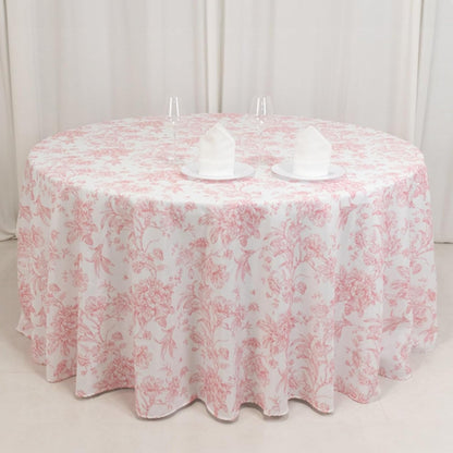 Polyester Round Tablecloth 5pcs, 120" White with Pink French Toile Pattern - Sophisticated Table Cover for Chic Weddings & Events