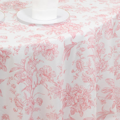 Polyester Round Tablecloth 5pcs, 120" White with Pink French Toile Pattern - Sophisticated Table Cover for Chic Weddings & Events