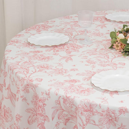 Polyester Round Tablecloth 5pcs, 120" White with Pink French Toile Pattern - Sophisticated Table Cover for Chic Weddings & Events