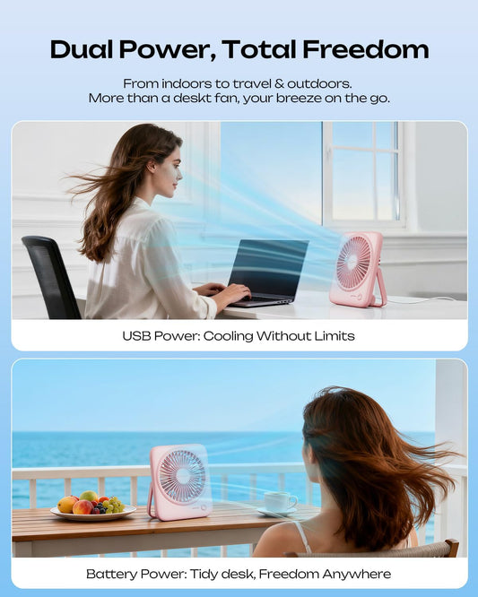 Personal Portable Desk Fan, 4000mAh Small Rechargeable Portable Fan Battery Operated & USB Powered for Travel Sleeping Bedroom Office Home Table, Cordless, Quiet, 4-Speed, 6.5 Inch (Pink)