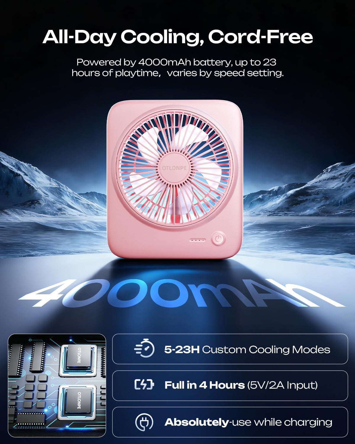 Personal Portable Desk Fan, 4000mAh Small Rechargeable Portable Fan Battery Operated & USB Powered for Travel Sleeping Bedroom Office Home Table, Cordless, Quiet, 4-Speed, 6.5 Inch (Pink)