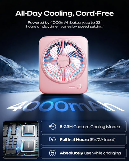 Personal Portable Desk Fan, 4000mAh Small Rechargeable Portable Fan Battery Operated & USB Powered for Travel Sleeping Bedroom Office Home Table, Cordless, Quiet, 4-Speed, 6.5 Inch (Pink)