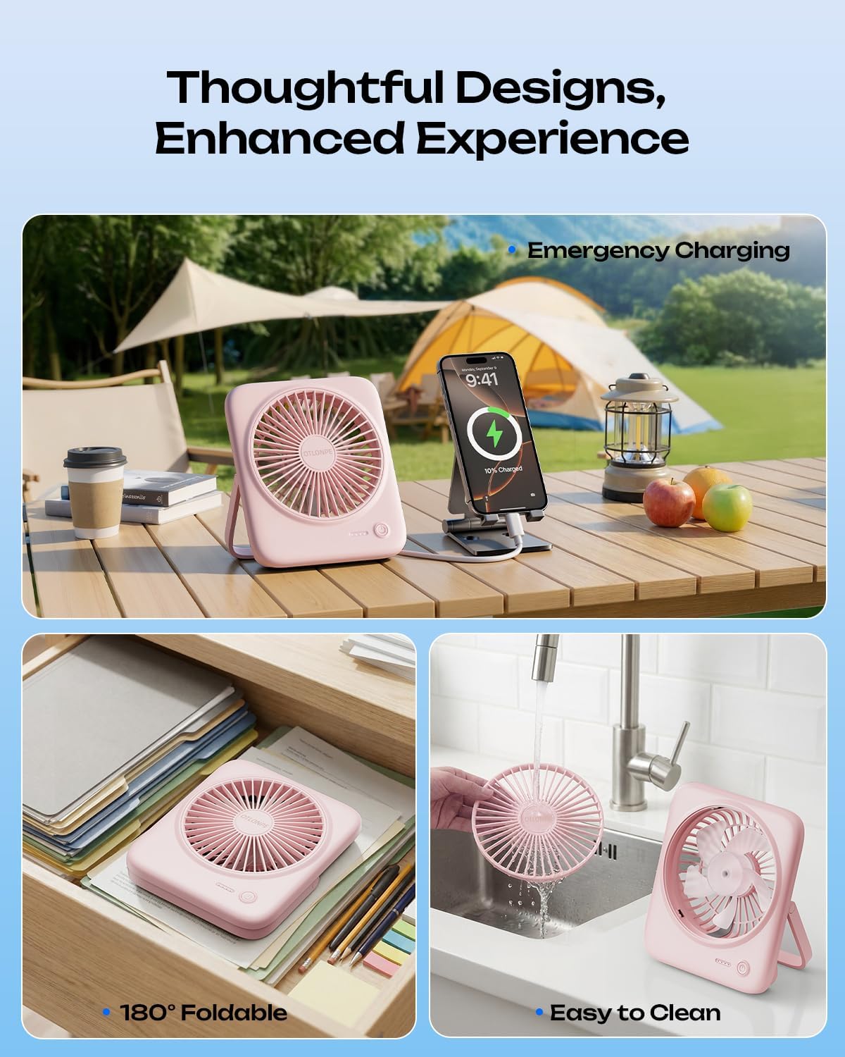 Personal Portable Desk Fan, 4000mAh Small Rechargeable Portable Fan Battery Operated & USB Powered for Travel Sleeping Bedroom Office Home Table, Cordless, Quiet, 4-Speed, 6.5 Inch (Pink)