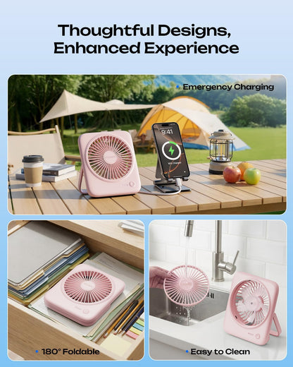 Personal Portable Desk Fan, 4000mAh Small Rechargeable Portable Fan Battery Operated & USB Powered for Travel Sleeping Bedroom Office Home Table, Cordless, Quiet, 4-Speed, 6.5 Inch (Pink)