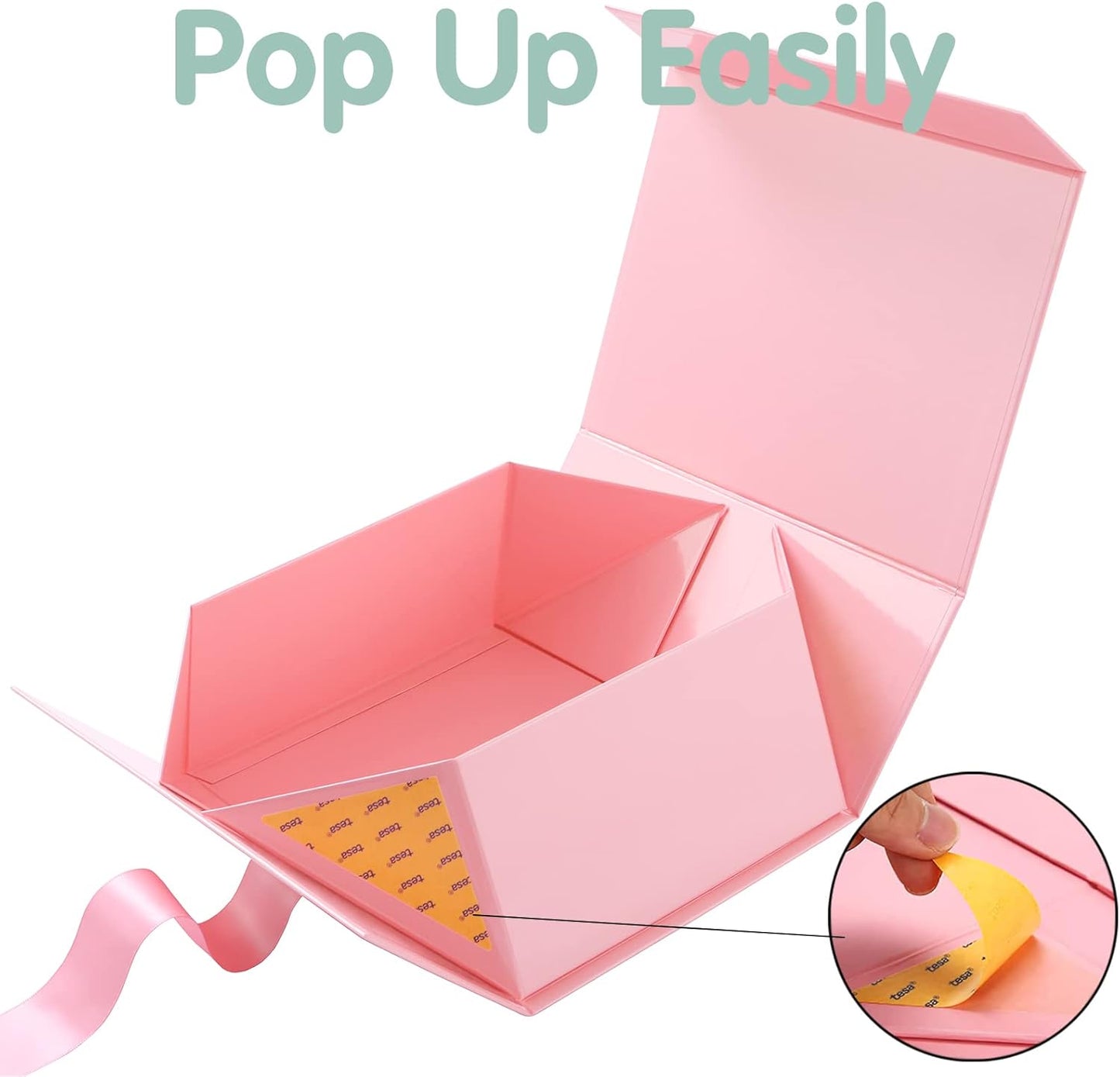 Gift Box for Presents with Ribbon 9x6.5x3.8 Inches, Pink Gift Box with Lid, Bridesmaid Proposal Box (Glossy Pink)