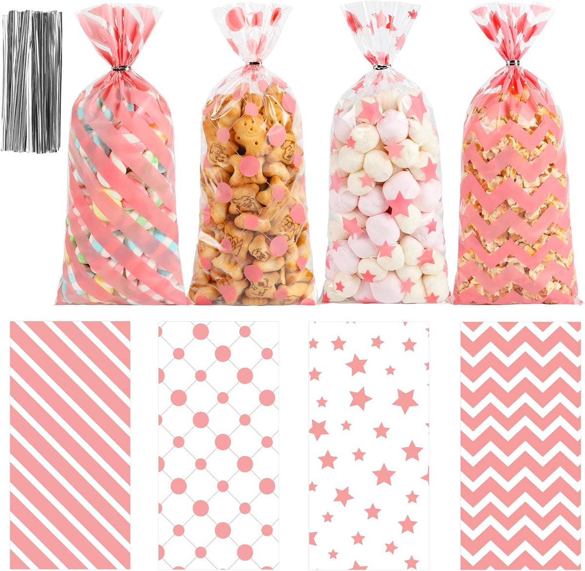 Pink Valentines Treat Bags – 100PCS Clear Cellophane Goodie Bags with Twist Ties - Valentine Plastic Gift Bag for Candy, Cookies, Classroom Valentine Exchange, Kids Party Favors & Small Gifts
