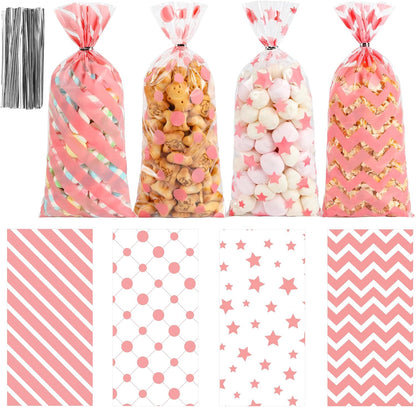 Pink Valentines Treat Bags – 100PCS Clear Cellophane Goodie Bags with Twist Ties - Valentine Plastic Gift Bag for Candy, Cookies, Classroom Valentine Exchange, Kids Party Favors & Small Gifts