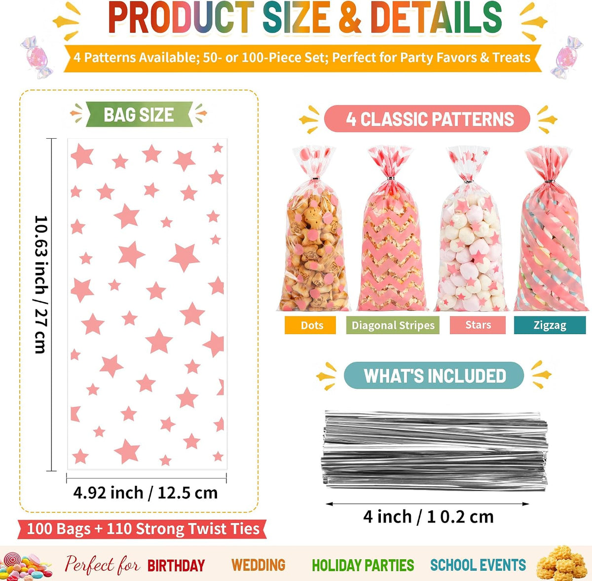 Pink Valentines Treat Bags – 100PCS Clear Cellophane Goodie Bags with Twist Ties - Valentine Plastic Gift Bag for Candy, Cookies, Classroom Valentine Exchange, Kids Party Favors & Small Gifts