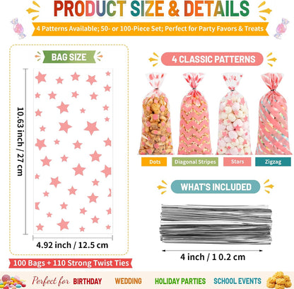 Pink Valentines Treat Bags – 100PCS Clear Cellophane Goodie Bags with Twist Ties - Valentine Plastic Gift Bag for Candy, Cookies, Classroom Valentine Exchange, Kids Party Favors & Small Gifts