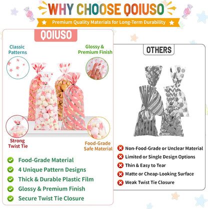 Pink Valentines Treat Bags – 100PCS Clear Cellophane Goodie Bags with Twist Ties - Valentine Plastic Gift Bag for Candy, Cookies, Classroom Valentine Exchange, Kids Party Favors & Small Gifts