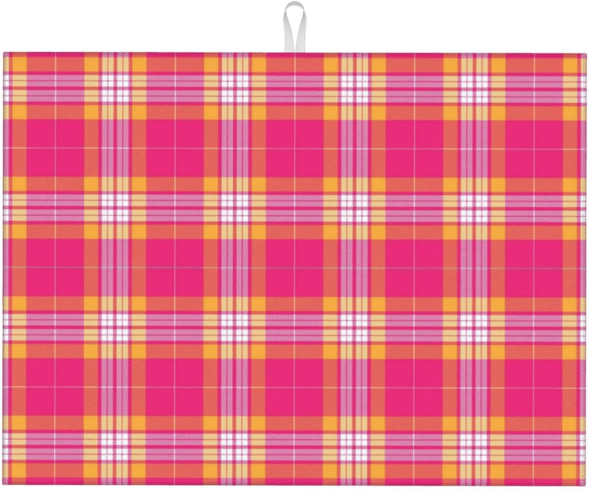 Dish Drying Mat Kitchen Counter Absorbent Pink And Orange Tartan Plaid Coffee Sink Mat Dish Drainer Pad 18 Inch X 24 Inch