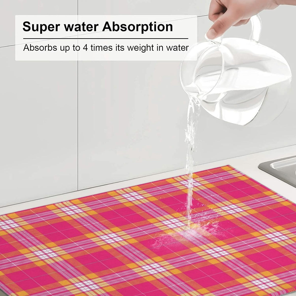 Dish Drying Mat Kitchen Counter Absorbent Pink And Orange Tartan Plaid Coffee Sink Mat Dish Drainer Pad 18 Inch X 24 Inch
